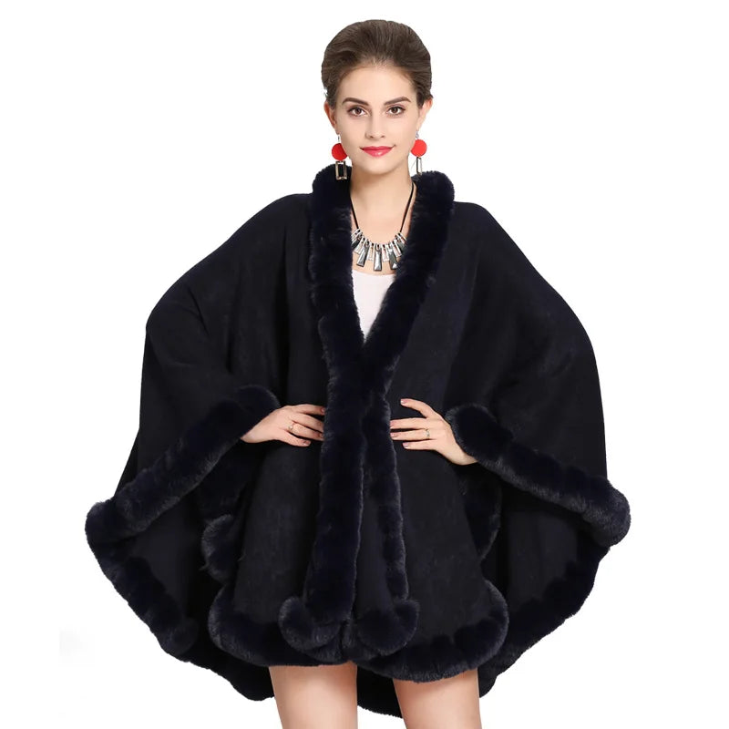 Full Trim Faux Rex Rabbit Fur Cape Coat Loose Knit Cashmere Cloak Shawl Fall Winter New Pallium Outwear for Women