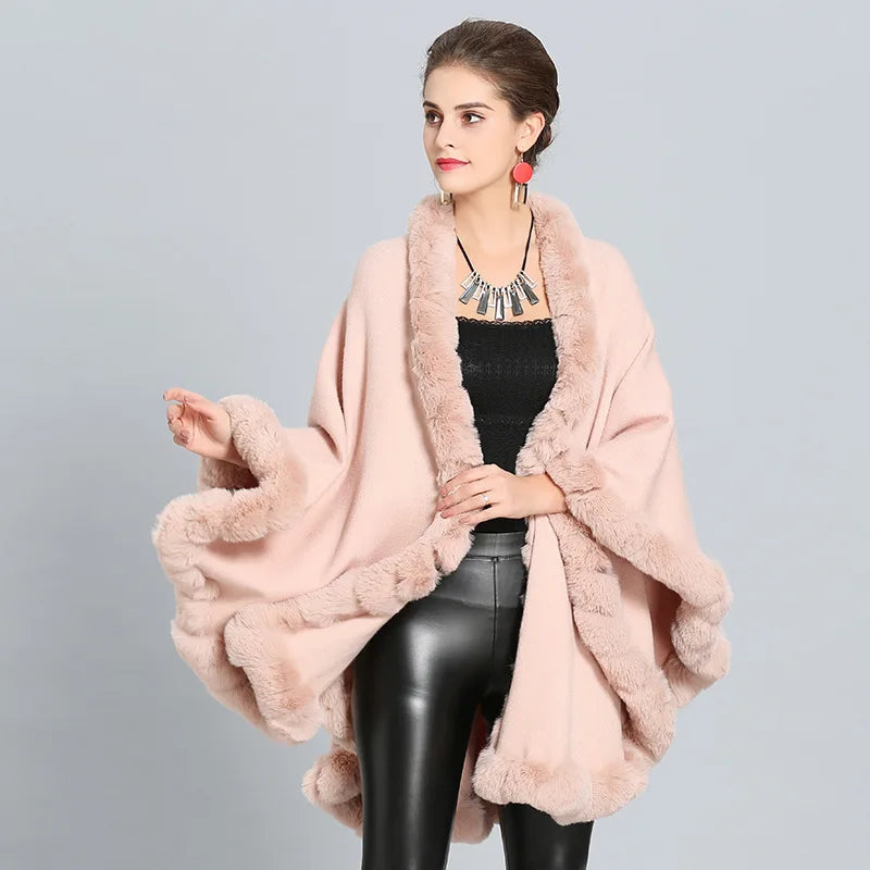 Full Trim Faux Rex Rabbit Fur Cape Coat Loose Knit Cashmere Cloak Shawl Fall Winter New Pallium Outwear for Women