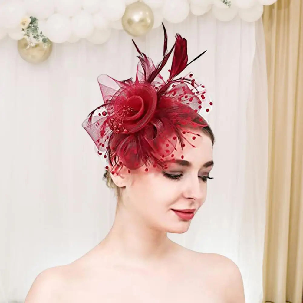Feather & Mesh Flower Fascinator with Faux Pearls