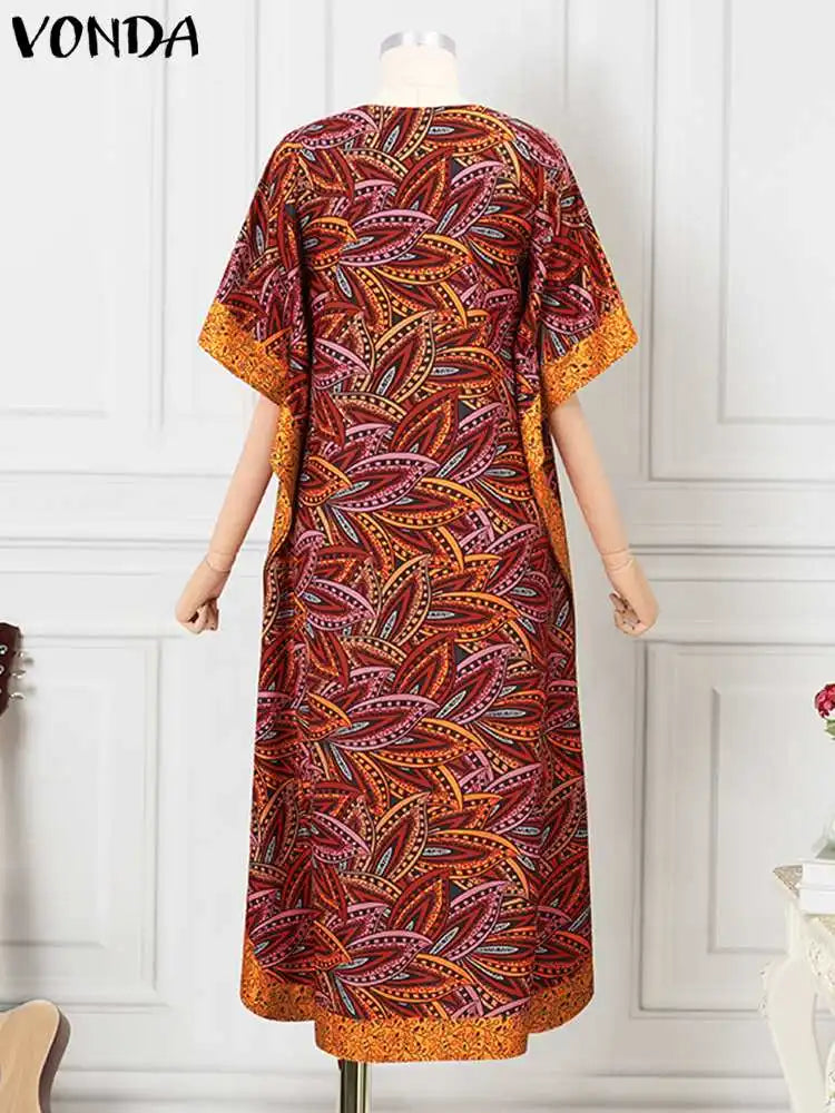 Bohemian Women Printed Maxi Sundress 2025 Summer Half Sleeve Casual Loose Long Dress Oversized Kaftan Holiday