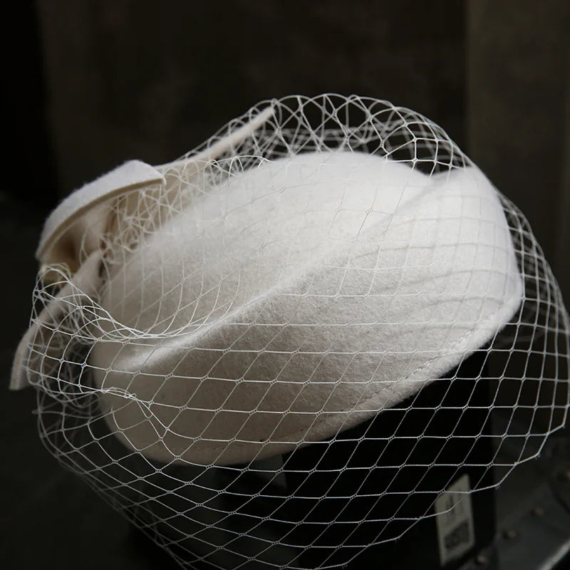 Winter Wool Bow Hat with Veil – Elegant French-Style Fascinator