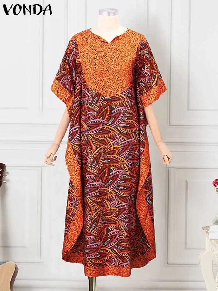 Bohemian Women Printed Maxi Sundress 2025 Summer Half Sleeve Casual Loose Long Dress Oversized Kaftan Holiday