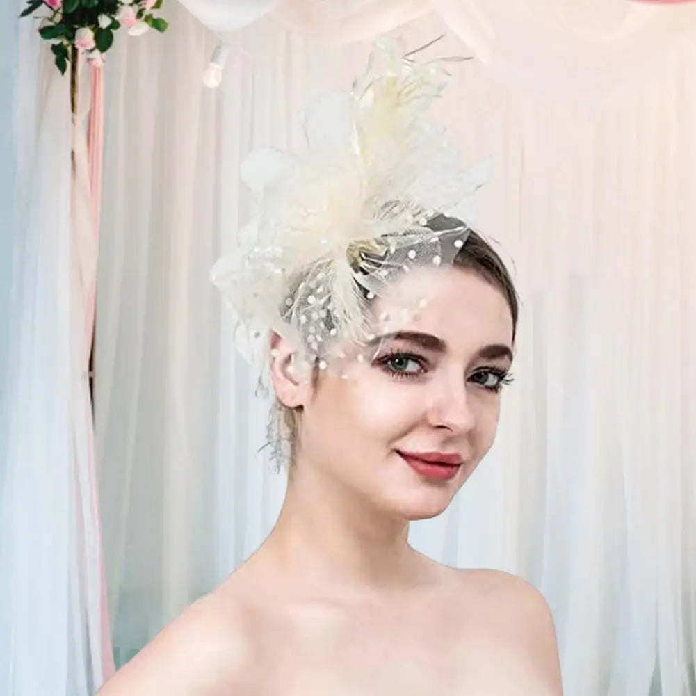 Feather & Mesh Flower Fascinator with Faux Pearls