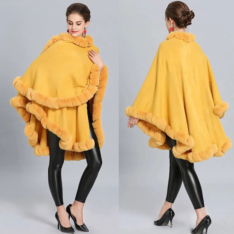 Full Trim Faux Rex Rabbit Fur Cape Coat Loose Knit Cashmere Cloak Shawl Fall Winter New Pallium Outwear for Women