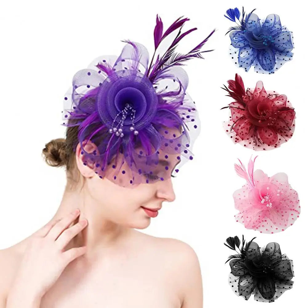 Feather & Mesh Flower Fascinator with Faux Pearls