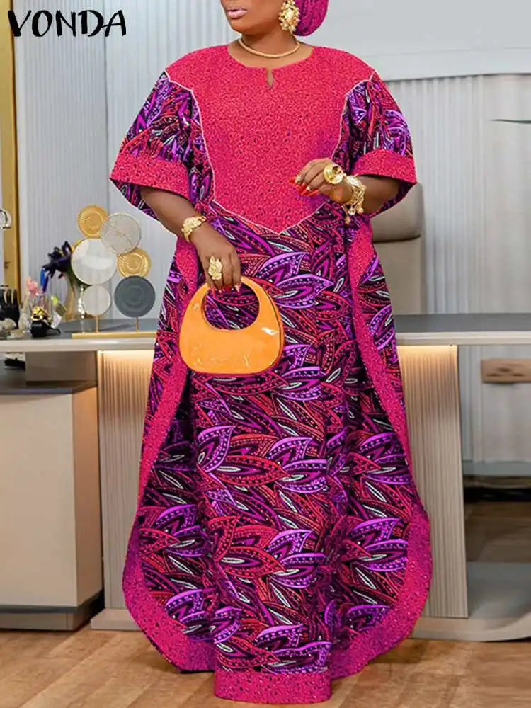 Bohemian Women Printed Maxi Sundress 2025 Summer Half Sleeve Casual Loose Long Dress Oversized Kaftan Holiday