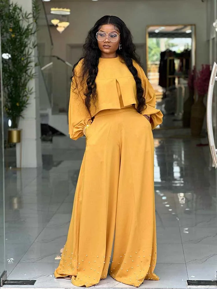 Spring Clothes for Women 2 Piece Sets Women Outfit Lantern Sleeves Suit with Wide Pants and Top High Quality Ladies Elegant Sets