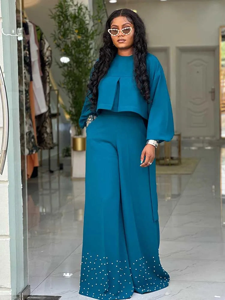 Spring Clothes for Women 2 Piece Sets Women Outfit Lantern Sleeves Suit with Wide Pants and Top High Quality Ladies Elegant Sets