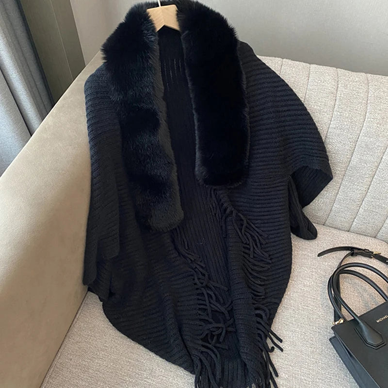 Knitted Tassel Shawl Wear Warm Thick Poncho For Women Pashmina Striped Cardigan for Women