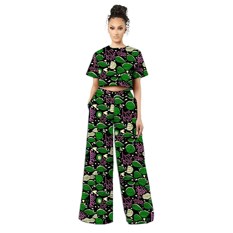 Original Design African Two Piece Set Retro Style Women Mini Top Wide Leg Pants for Ladies' Trendy Attire Made To Measure