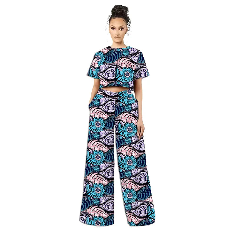Original Design African Two Piece Set Retro Style Women Mini Top Wide Leg Pants for Ladies' Trendy Attire Made To Measure