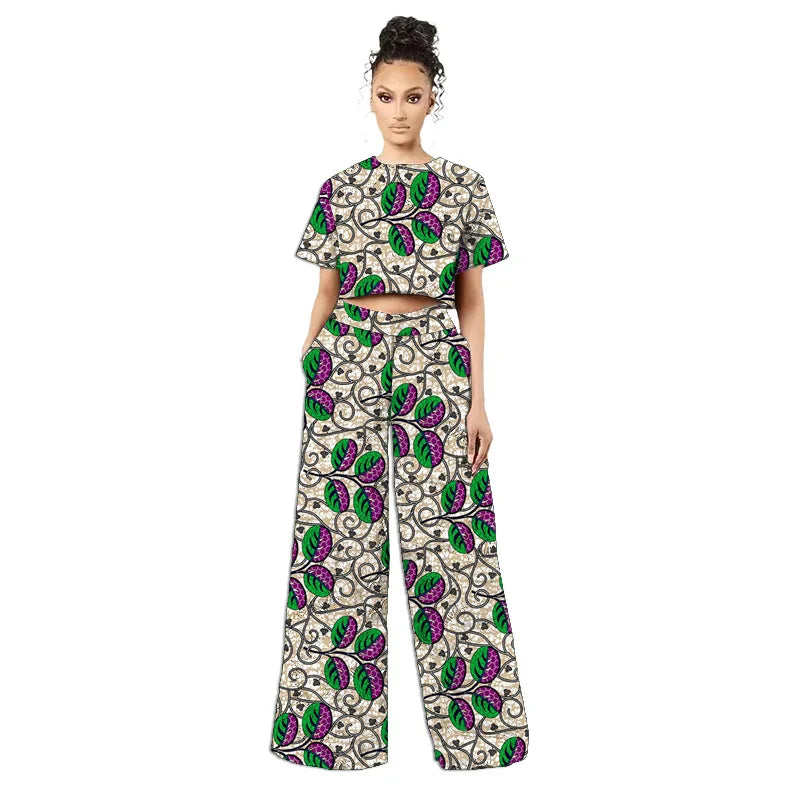 Original Design African Two Piece Set Retro Style Women Mini Top Wide Leg Pants for Ladies' Trendy Attire Made To Measure