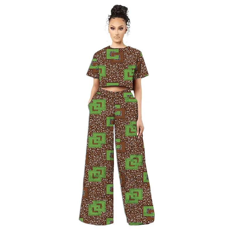 Original Design African Two Piece Set Retro Style Women Mini Top Wide Leg Pants for Ladies' Trendy Attire Made To Measure