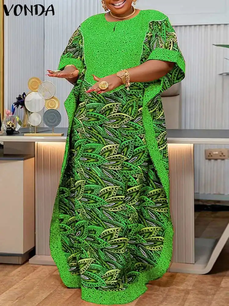 Bohemian Women Printed Maxi Sundress 2025 Summer Half Sleeve Casual Loose Long Dress Oversized Kaftan Holiday