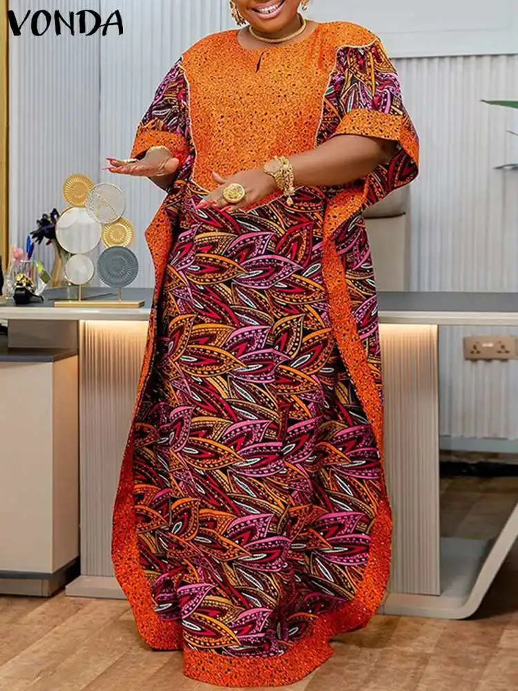 Bohemian Women Printed Maxi Sundress 2025 Summer Half Sleeve Casual Loose Long Dress Oversized Kaftan Holiday