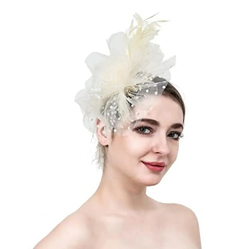 Feather & Mesh Flower Fascinator with Faux Pearls
