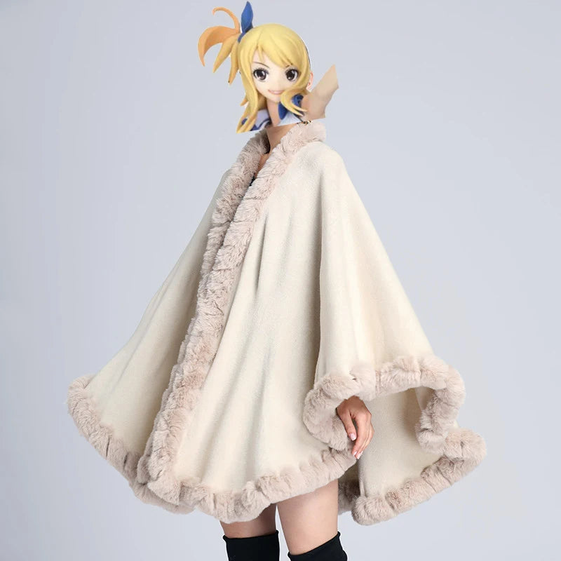 Full Trim Faux Rex Rabbit Fur Cape Coat Loose Knit Cashmere Cloak Shawl Fall Winter New Pallium Outwear for Women