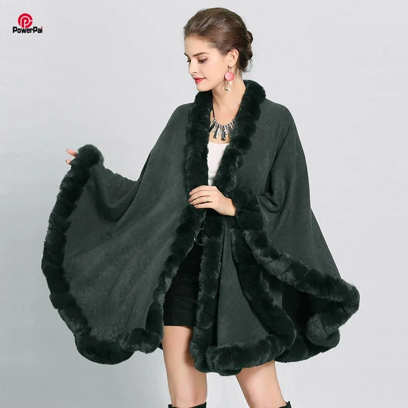 Full Trim Faux Rex Rabbit Fur Cape Coat Loose Knit Cashmere Cloak Shawl Fall Winter New Pallium Outwear for Women