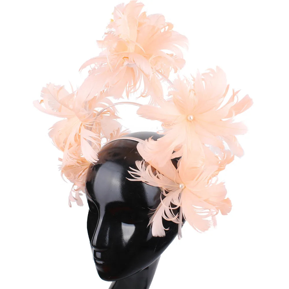 Vintage Feather Flower Top Hat – Green Hair Hoop with Pearls