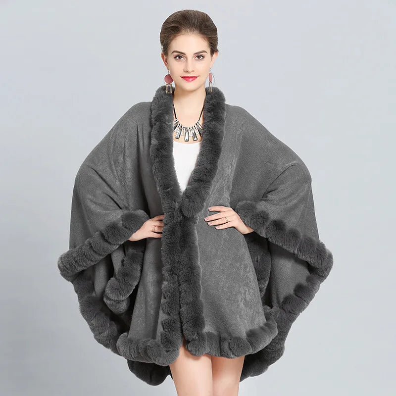 Full Trim Faux Rex Rabbit Fur Cape Coat Loose Knit Cashmere Cloak Shawl Fall Winter New Pallium Outwear for Women