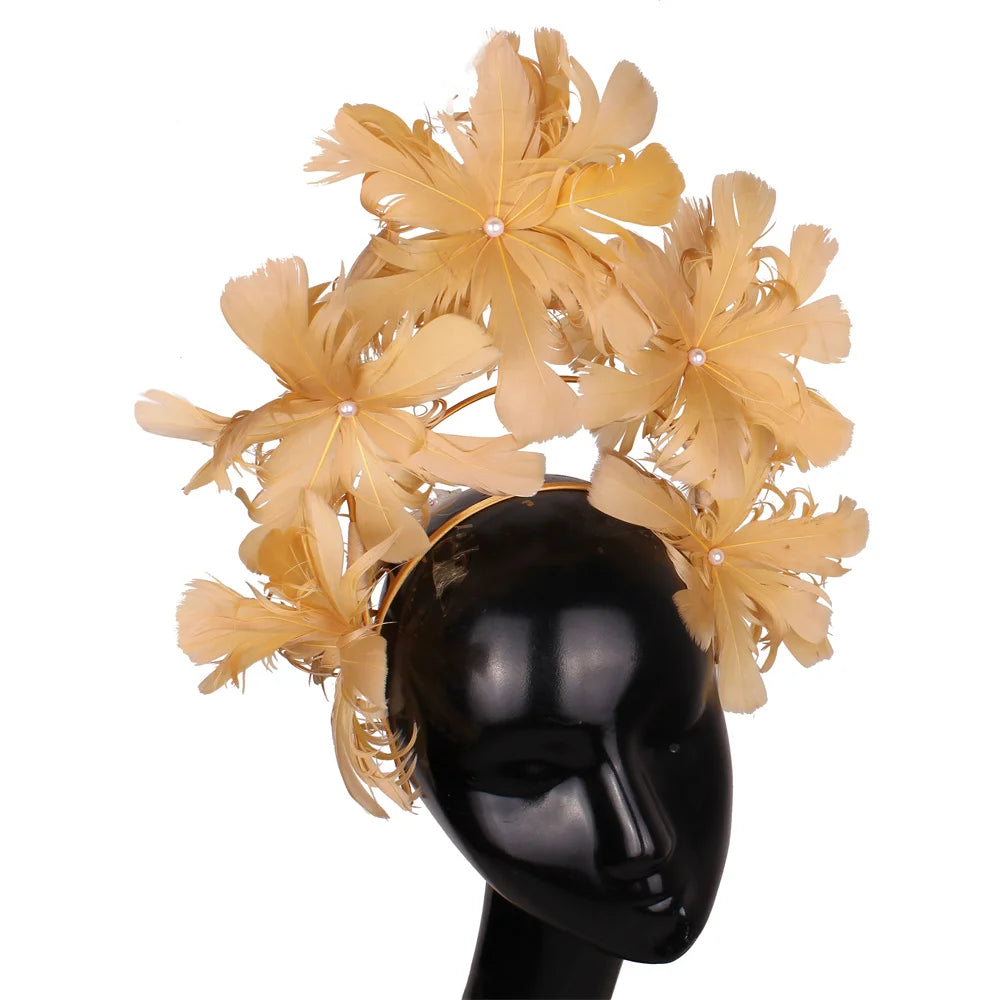 Vintage Feather Flower Top Hat – Green Hair Hoop with Pearls