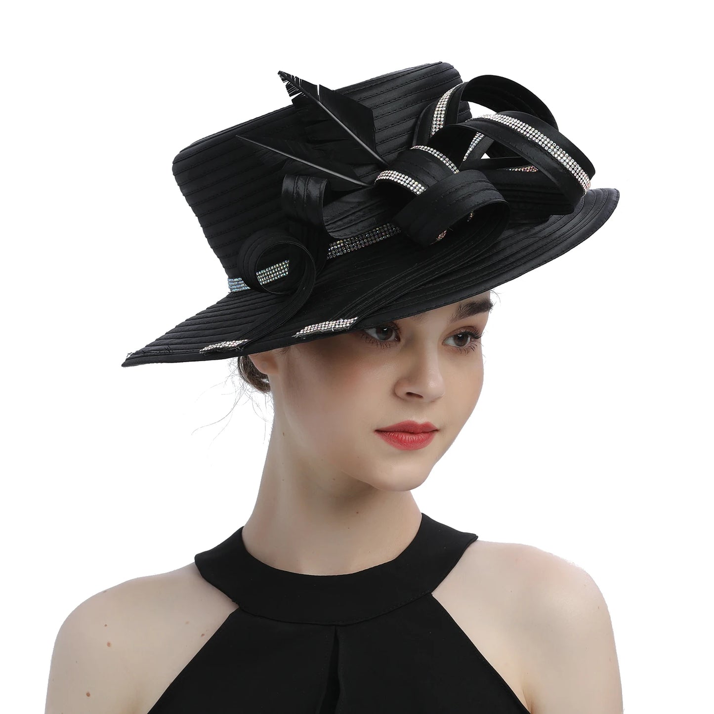 Premium Black Satin Church Hat | Fashion Flower Chain Wedding Top Hat
