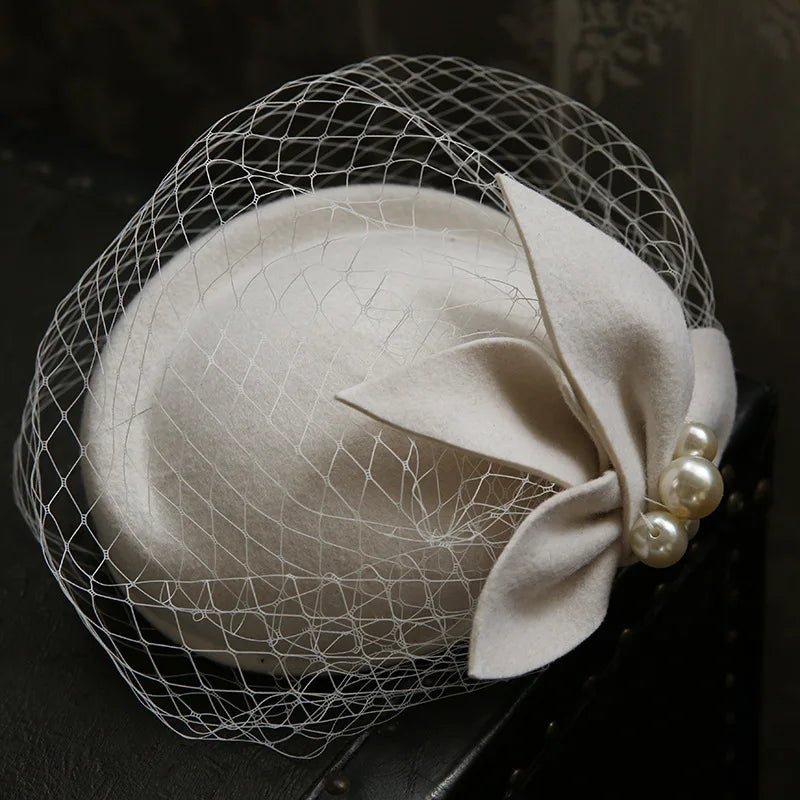 Winter Wool Bow Hat with Veil – Elegant French-Style Fascinator