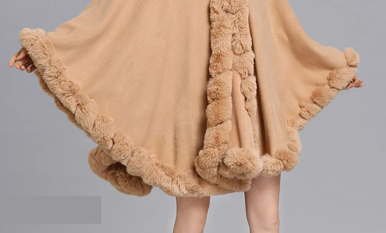 Full Trim Faux Rex Rabbit Fur Cape Coat Loose Knit Cashmere Cloak Shawl Fall Winter New Pallium Outwear for Women