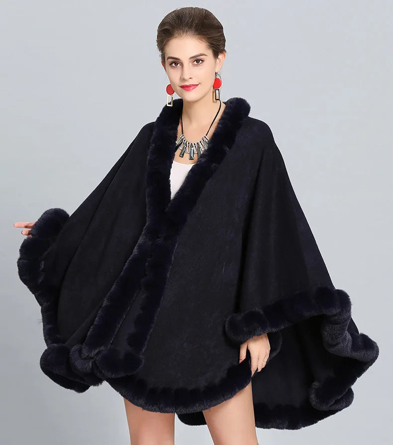 Full Trim Faux Rex Rabbit Fur Cape Coat Loose Knit Cashmere Cloak Shawl Fall Winter New Pallium Outwear for Women