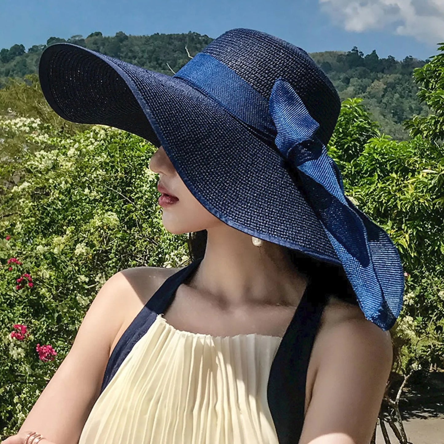 New Summer Women Straw Hat Bowknot Wide Brim Floppy Foldable Panama Hats Adult Outdoor Sun Protection Flat Top Ribbon Beach Cap