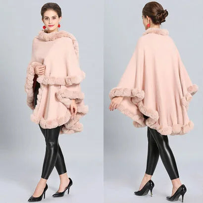 Full Trim Faux Rex Rabbit Fur Cape Coat Loose Knit Cashmere Cloak Shawl Fall Winter New Pallium Outwear for Women