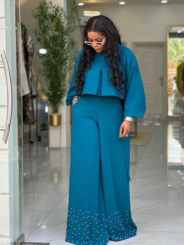 Spring Clothes for Women 2 Piece Sets Women Outfit Lantern Sleeves Suit with Wide Pants and Top High Quality Ladies Elegant Sets