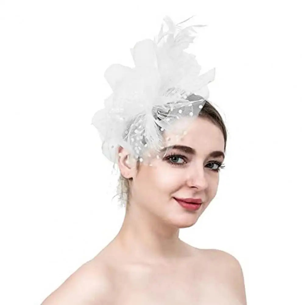 Feather & Mesh Flower Fascinator with Faux Pearls