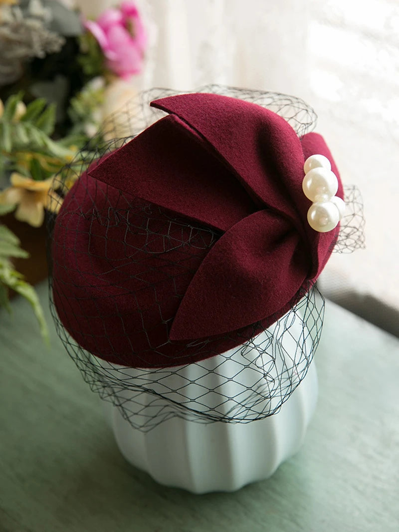 Winter Wool Bow Hat with Veil – Elegant French-Style Fascinator