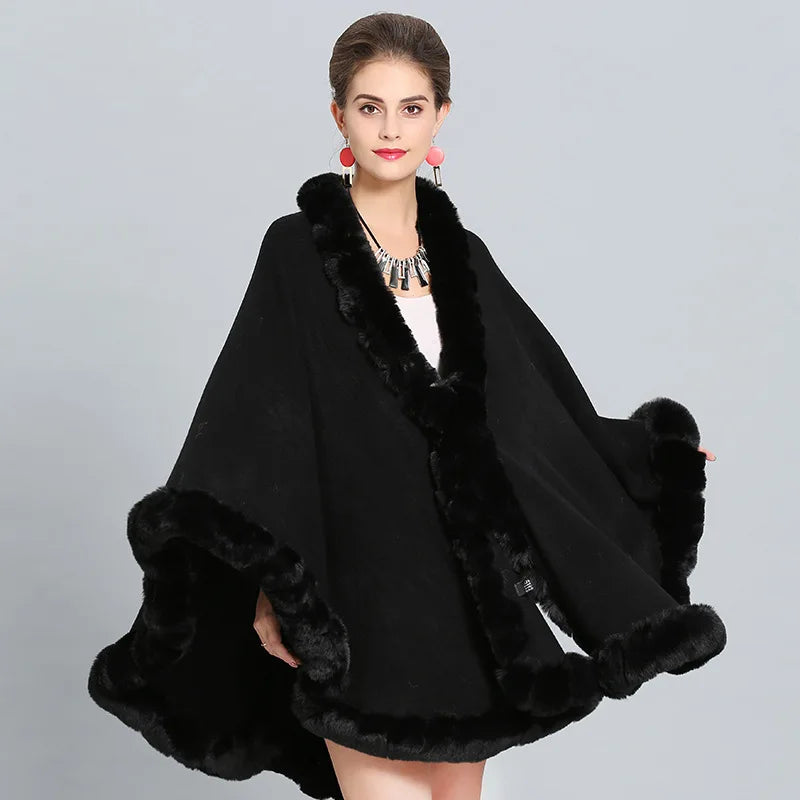 Full Trim Faux Rex Rabbit Fur Cape Coat Loose Knit Cashmere Cloak Shawl Fall Winter New Pallium Outwear for Women