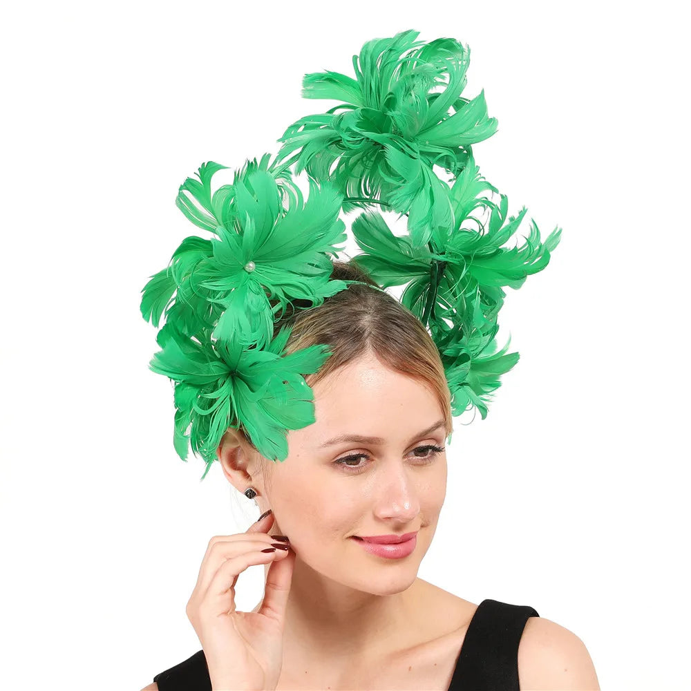 Vintage Feather Flower Top Hat – Green Hair Hoop with Pearls