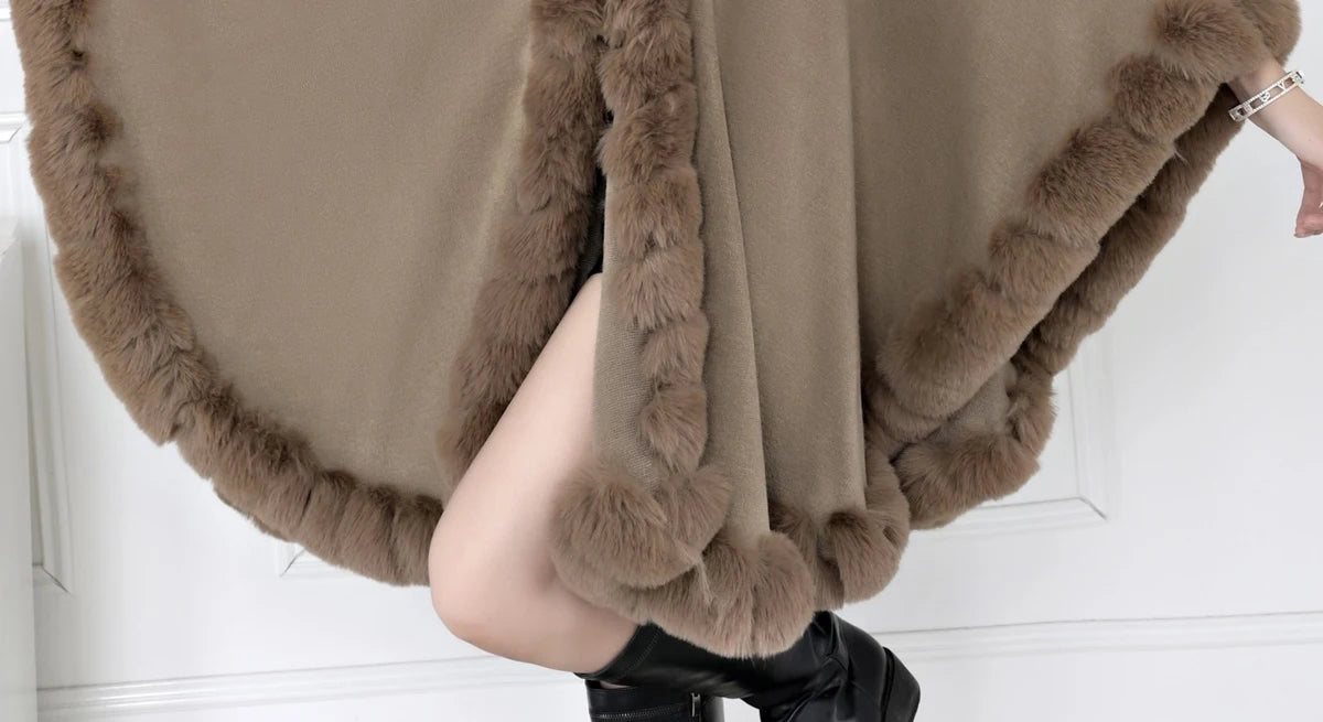 Full Trim Faux Rex Rabbit Fur Cape Coat Loose Knit Cashmere Cloak Shawl Fall Winter New Pallium Outwear for Women