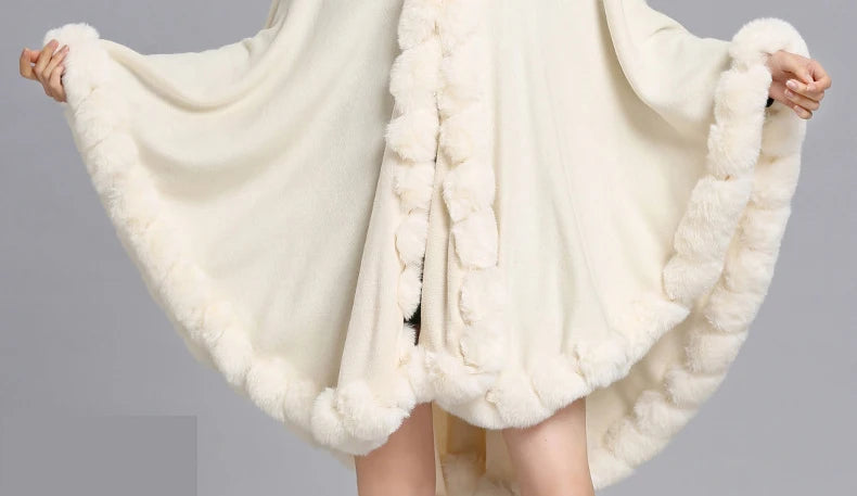 Full Trim Faux Rex Rabbit Fur Cape Coat Loose Knit Cashmere Cloak Shawl Fall Winter New Pallium Outwear for Women