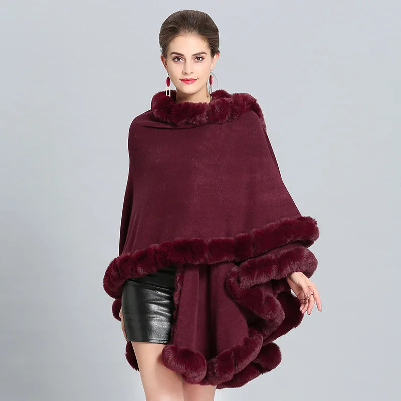 Full Trim Faux Rex Rabbit Fur Cape Coat Loose Knit Cashmere Cloak Shawl Fall Winter New Pallium Outwear for Women