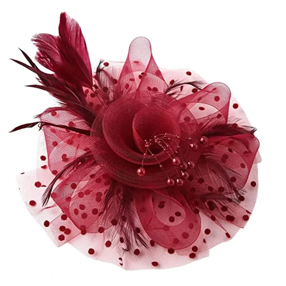 Feather & Mesh Flower Fascinator with Faux Pearls