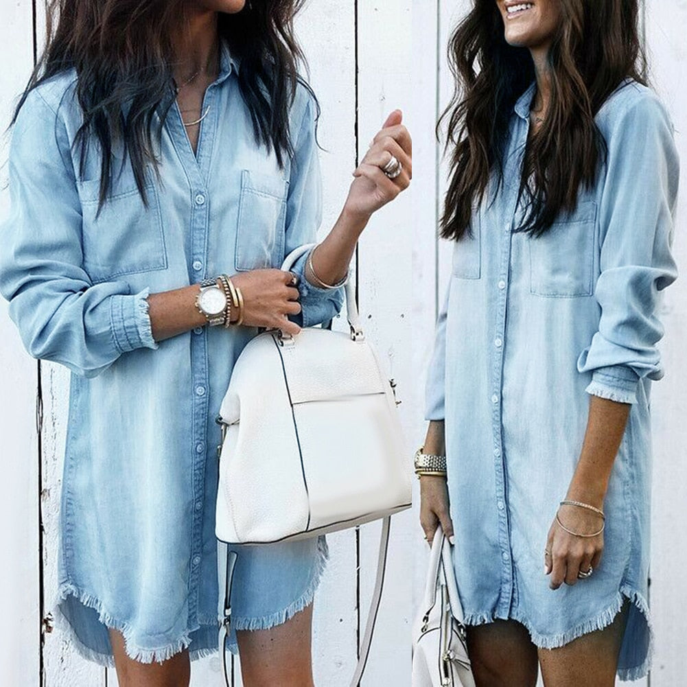 Retro Long Sleeve Buttoned Denim Dress - Azahshopping