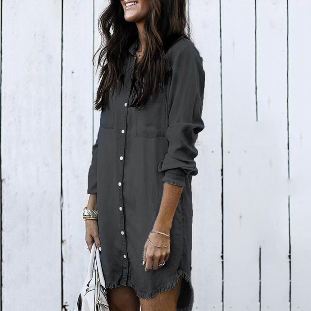 Retro Long Sleeve Buttoned Denim Dress - Azahshopping