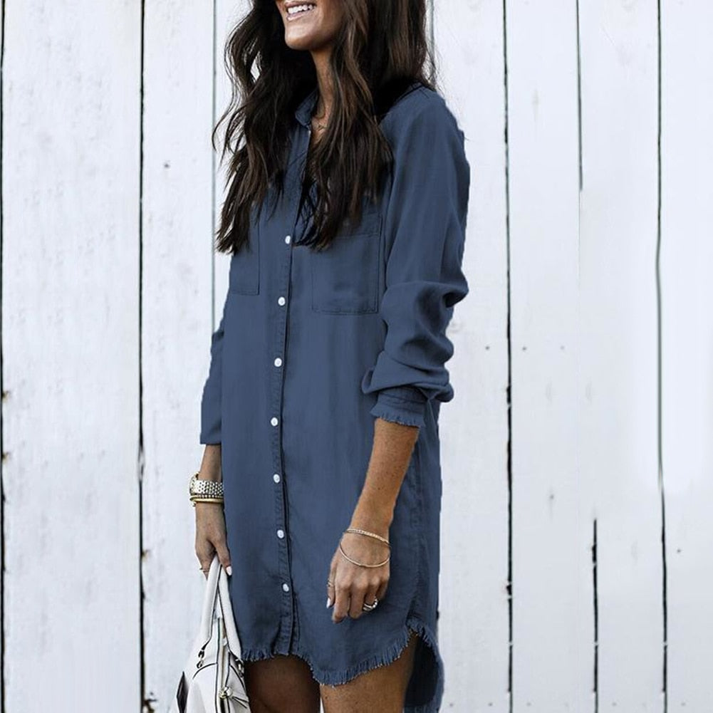 Retro Long Sleeve Buttoned Denim Dress - Azahshopping