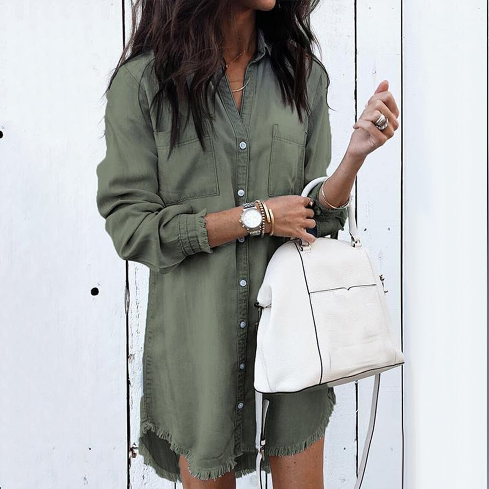 Retro Long Sleeve Buttoned Denim Dress - Azahshopping