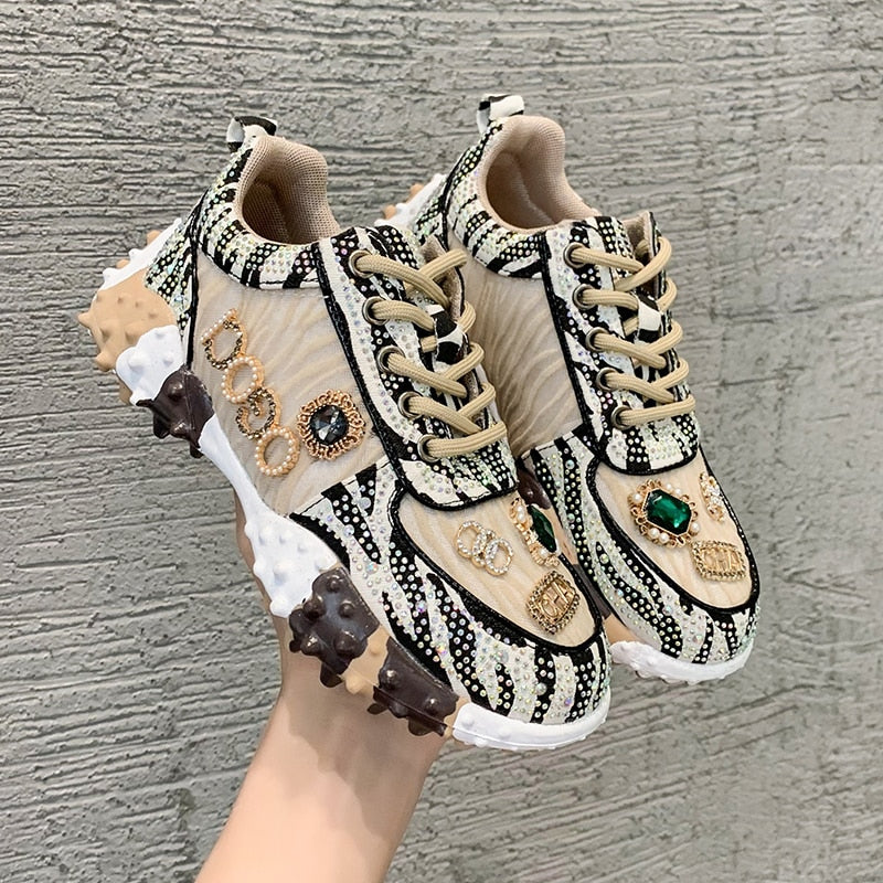 Rhinestone Women’s Sneakers – Luxury Designer Casual Thick Bottom Dad Shoes