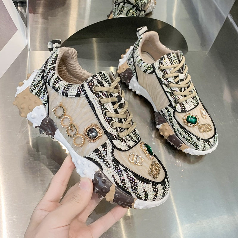 Rhinestone Women’s Sneakers – Luxury Designer Casual Thick Bottom Dad Shoes