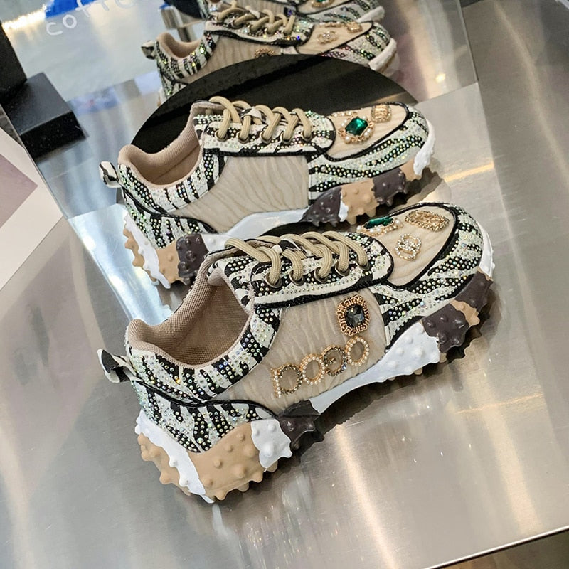 Rhinestone Women’s Sneakers – Luxury Designer Casual Thick Bottom Dad Shoes