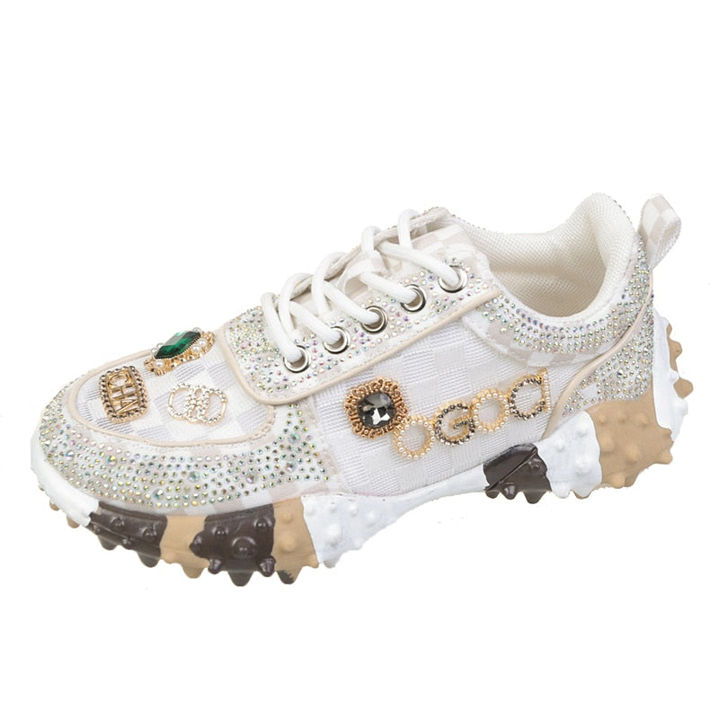 Rhinestone Women’s Sneakers – Luxury Designer Casual Thick Bottom Dad Shoes