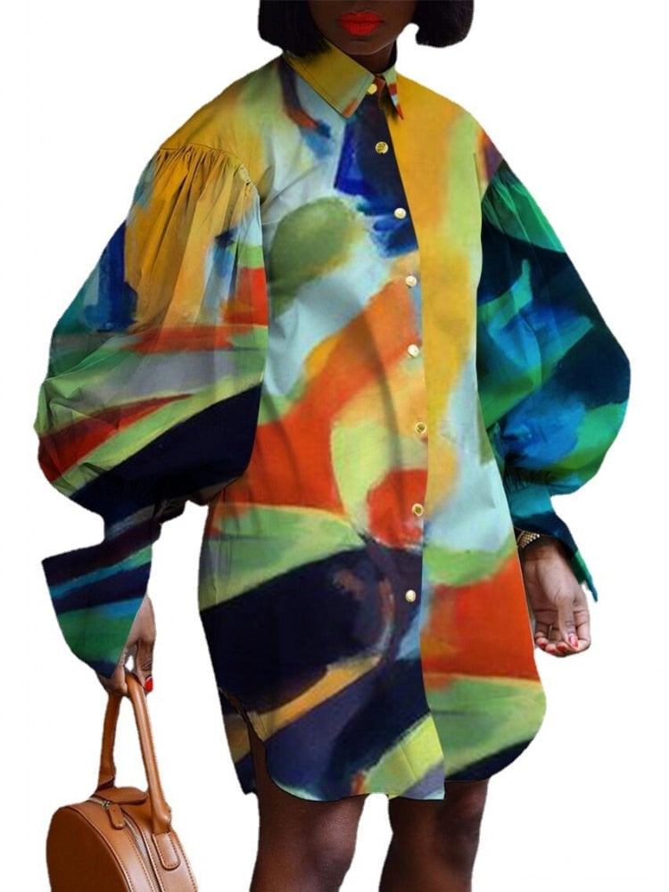 Turn Down Neck Long Lantern Sleeve Dress - Azahshopping
