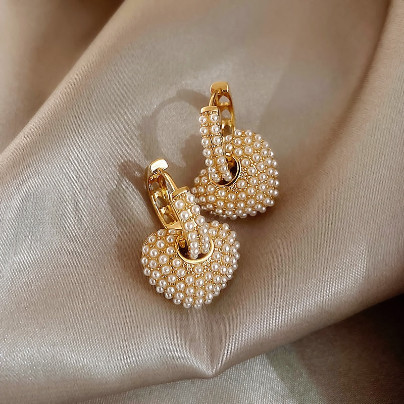 Celebrity Style Pearl Peach Heart Love Dangle Earrings